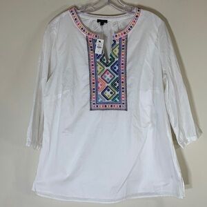 Talbots White Tunic with Multicolor Embroidery
